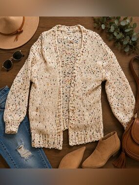 ADORA Confetti Speckled Chunky Knit Open Front Cardigan Sweater M/L Cozy